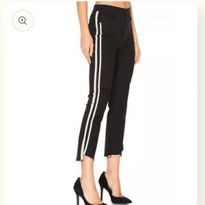 MOTHER Black White Stripe Insider Crop Step Fray Jeans Guilty Racer 28 Moto Rock